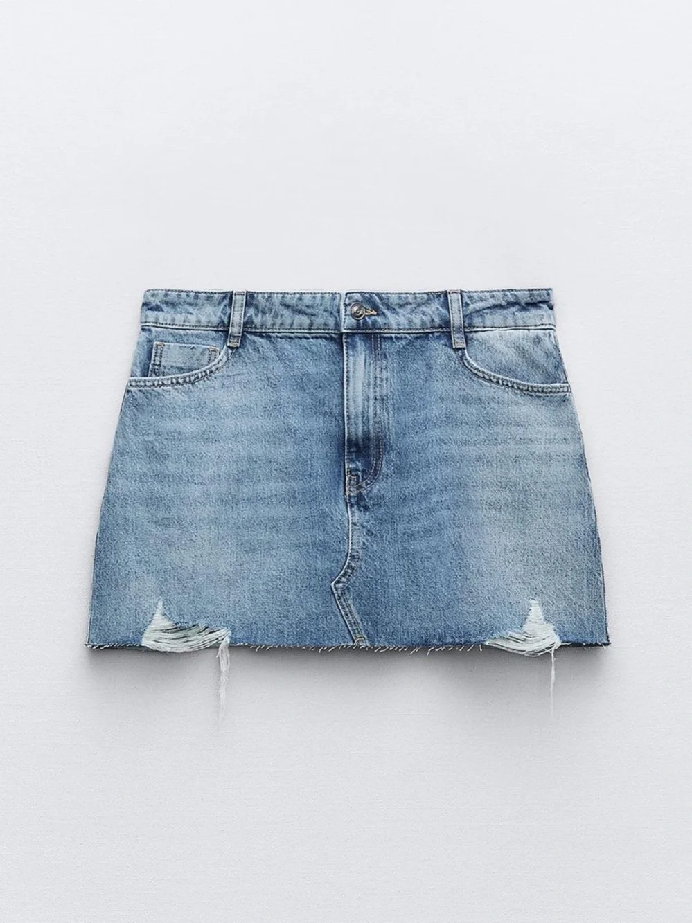 Zara Light Blue Distressed Denim Mini Skirt